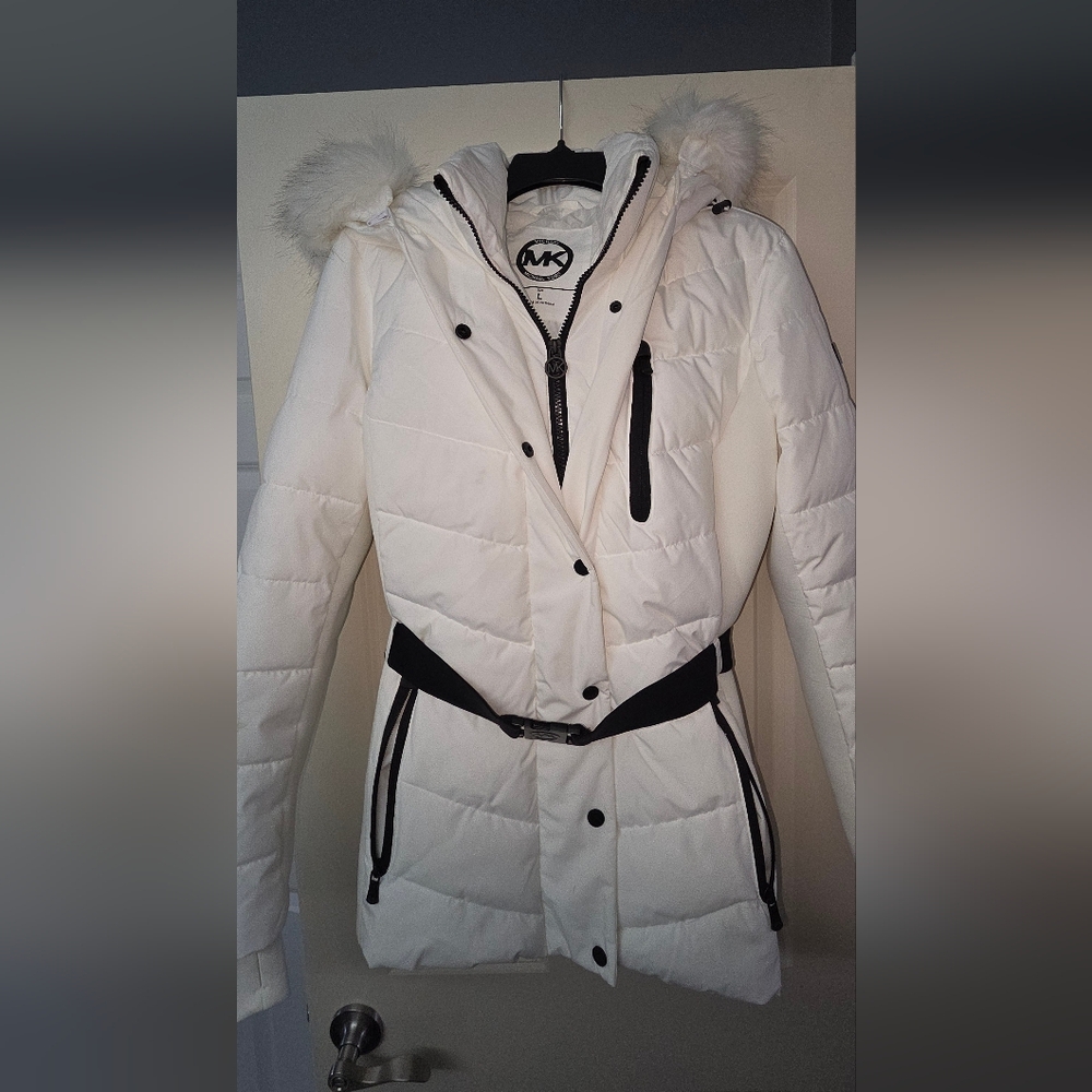 Michael Kors White Quilted Puffer Coat with Black Trim